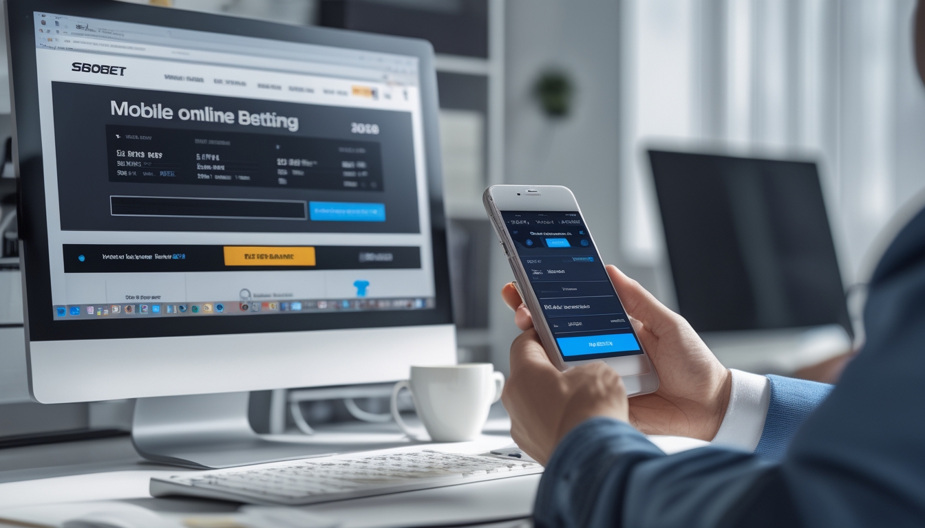 Seorang pengguna memegang ponsel dengan aplikasi taruhan online Sbobet di samping komputer desktop yang menampilkan situs taruhan serupa di meja kerja.
