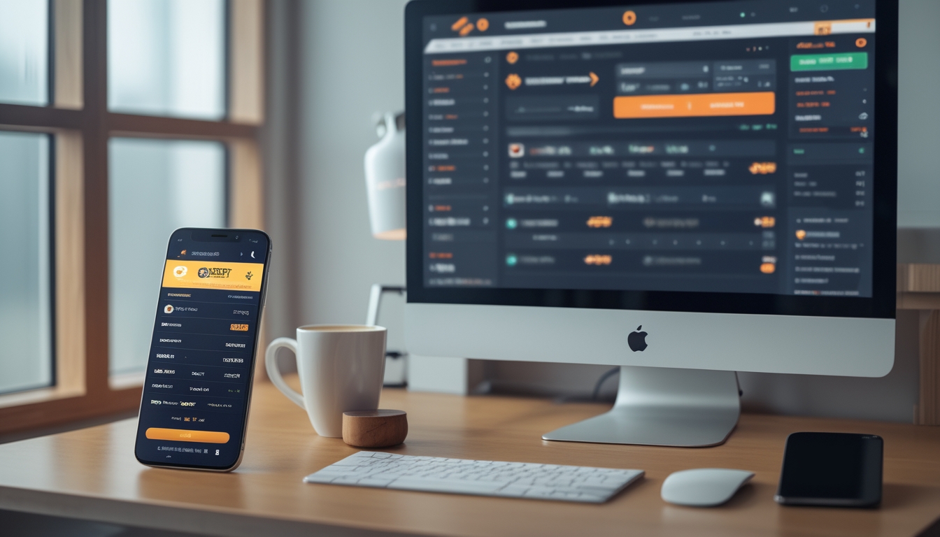 Sebuah meja kerja dengan ponsel dan monitor komputer yang menampilkan antarmuka taruhan online Sbobet secara berdampingan.
