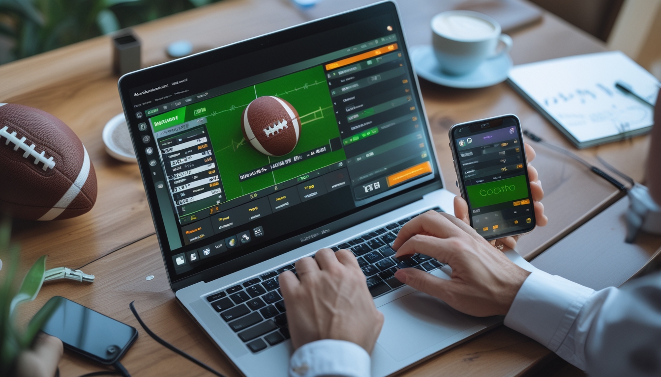 Seseorang sedang menggunakan laptop dan ponsel untuk memasang taruhan pada pertandingan sepak bola virtual di meja kerja.