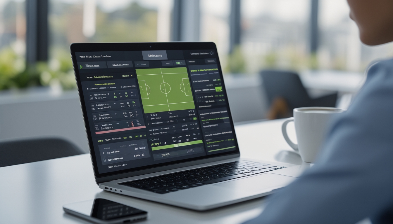 Seorang pria menggunakan laptop di meja kerja dengan tampilan antarmuka taruhan sepak bola virtual di layar, dikelilingi oleh ponsel dan secangkir kopi.