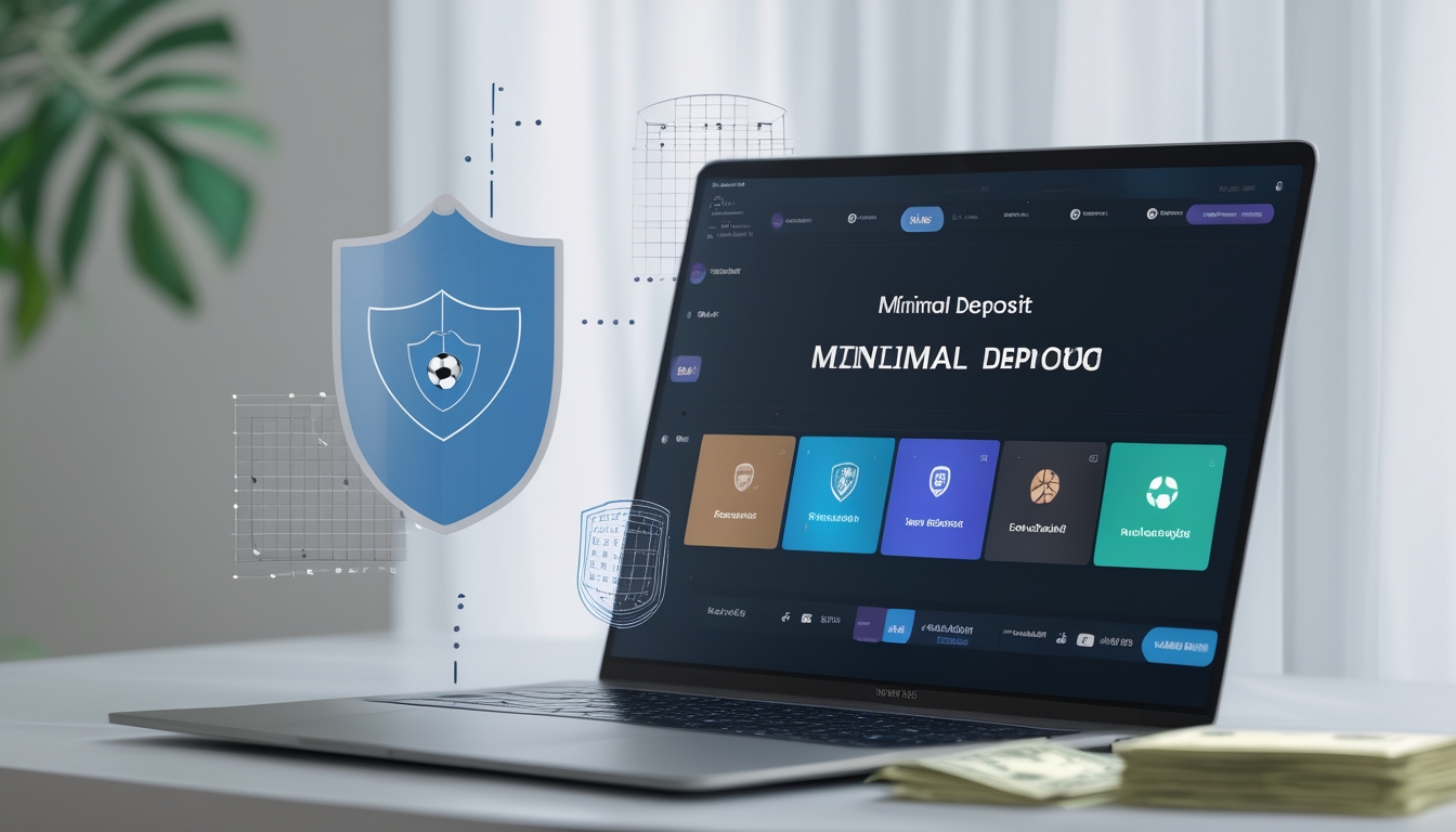 Seseorang menggunakan smartphone dengan tampilan aplikasi taruhan olahraga online, dikelilingi simbol keamanan dan uang kecil sebagai tanda setoran minimal.