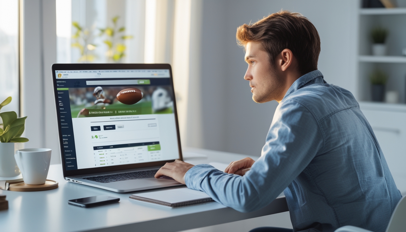 Seorang pria muda duduk di meja kerja dengan laptop, fokus melihat layar yang menampilkan situs taruhan bola online, di ruangan terang dengan jendela dan peralatan kerja sederhana.