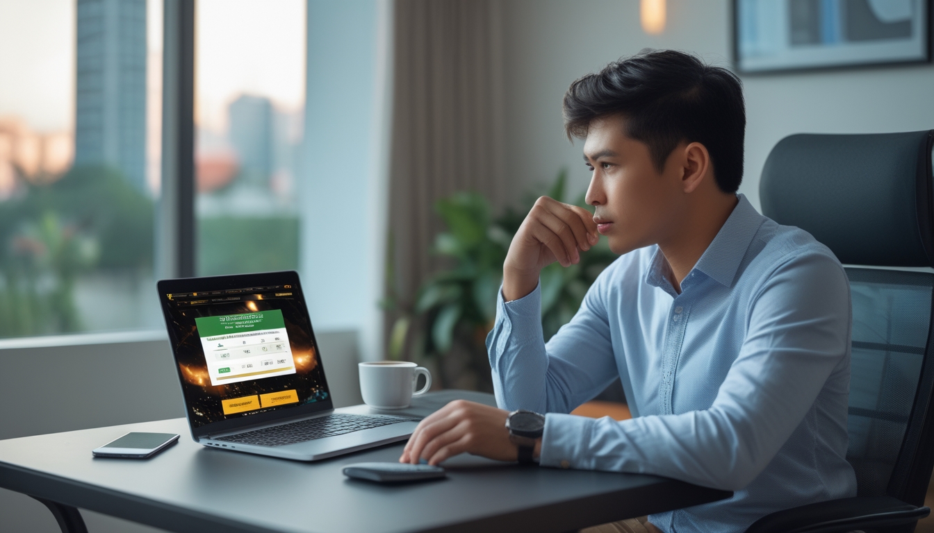 Seorang pria muda duduk di depan laptop di meja kerja dengan suasana terang, fokus pada layar yang menampilkan situs taruhan bola online.