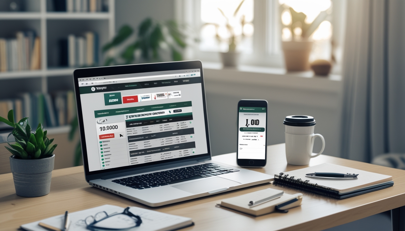 Meja kerja dengan laptop, ponsel, dan buku catatan yang menampilkan persiapan untuk daftar dan bermain di bandar bola online.