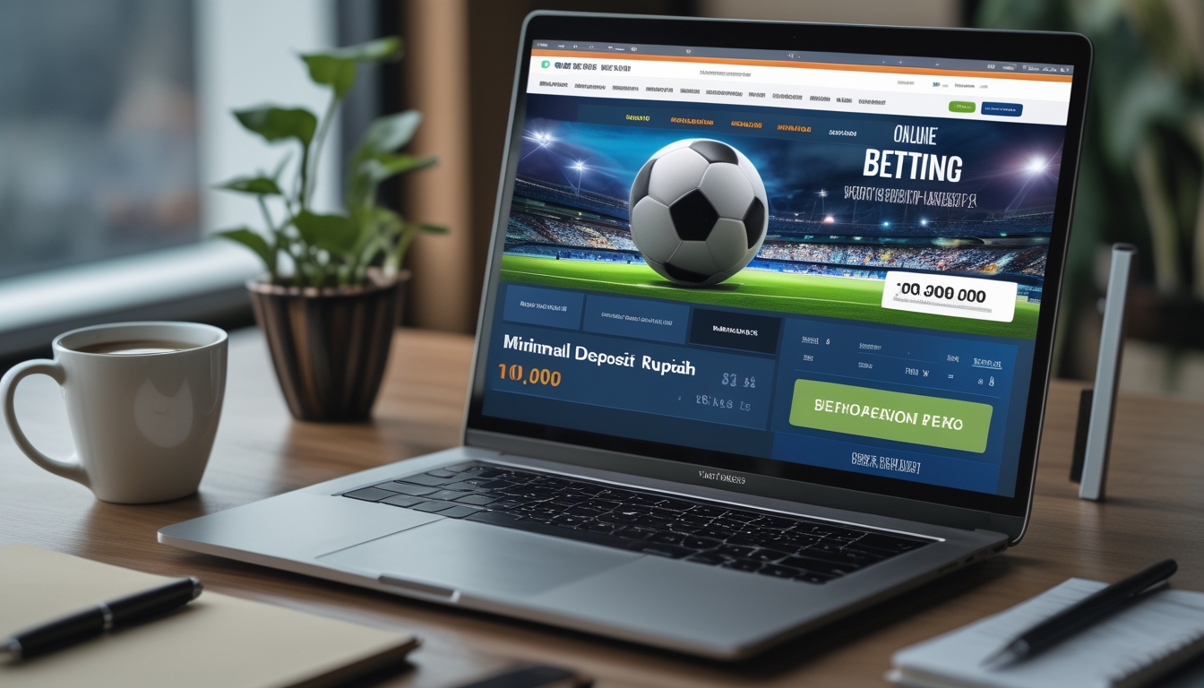 Seorang pria menggunakan laptop dan ponsel di meja kerja dengan tema taruhan bola online dan suasana yang nyaman.