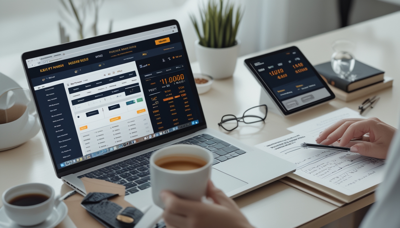 Meja kerja dengan laptop, ponsel, dan catatan terkait strategi taruhan bola online dengan deposit 10 ribu rupiah.