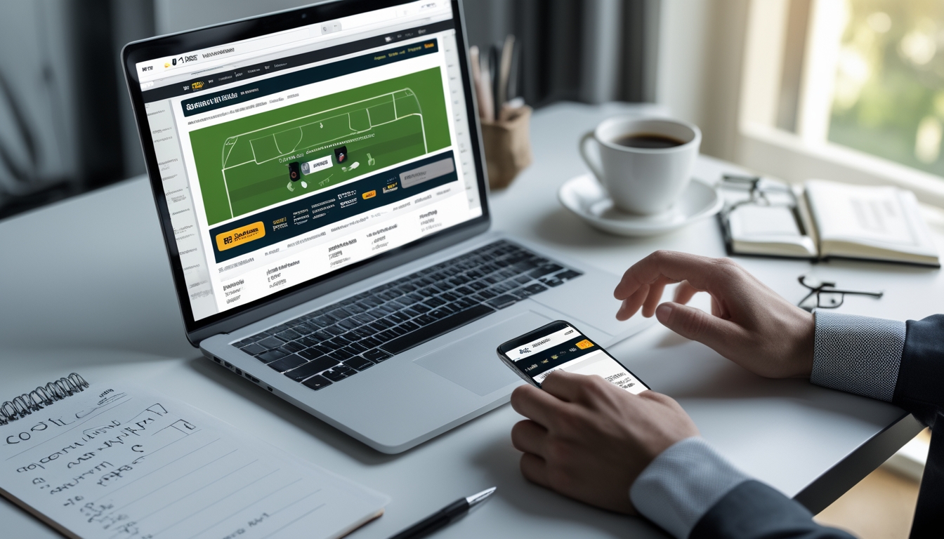 Seorang pria di meja kerja menggunakan laptop dan ponsel untuk merencanakan strategi taruhan sepak bola online dengan catatan di sampingnya.