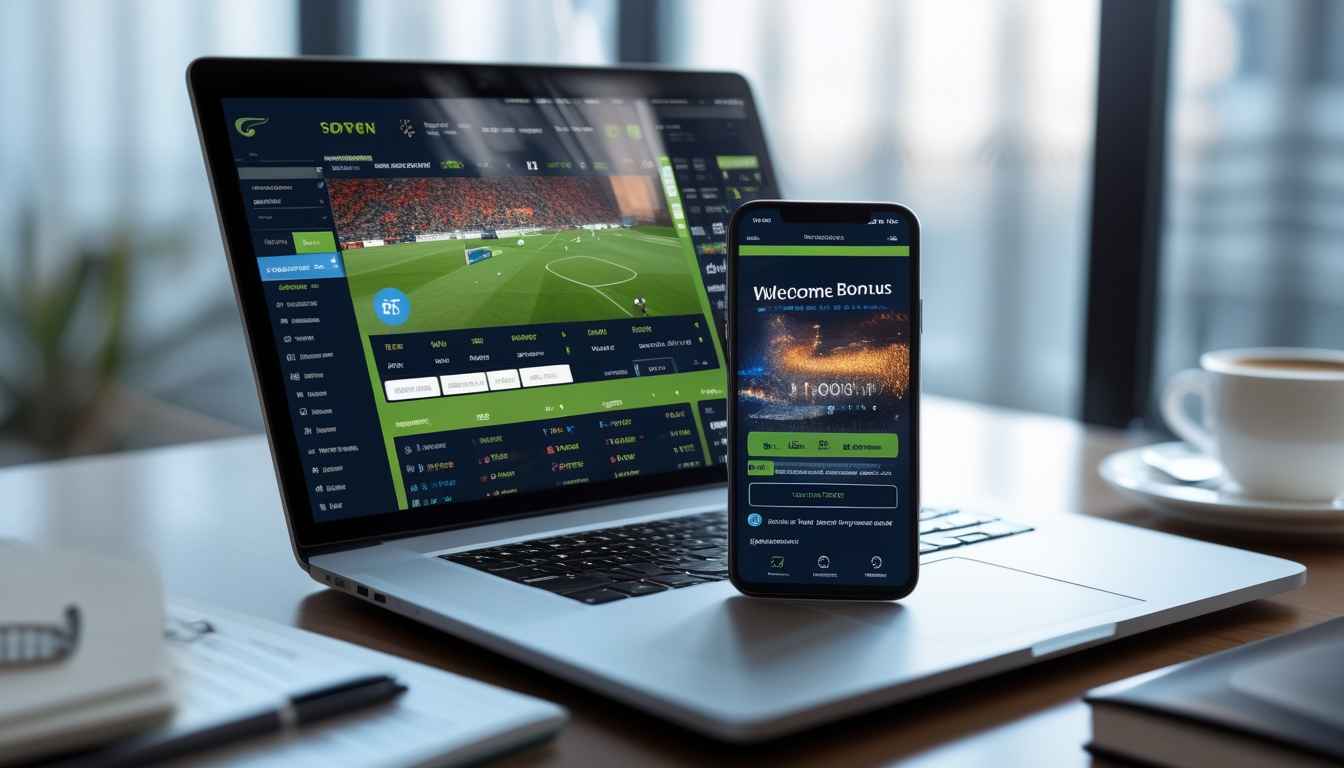 Seorang pria menggunakan laptop dan ponsel untuk memasang taruhan bola online di meja kerja yang rapi.