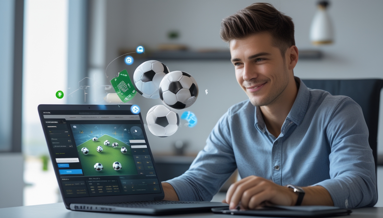 Seorang pria muda duduk di meja dengan laptop, sedang menggunakan situs bandar bola online di ruangan kantor rumah yang rapi dan terang.