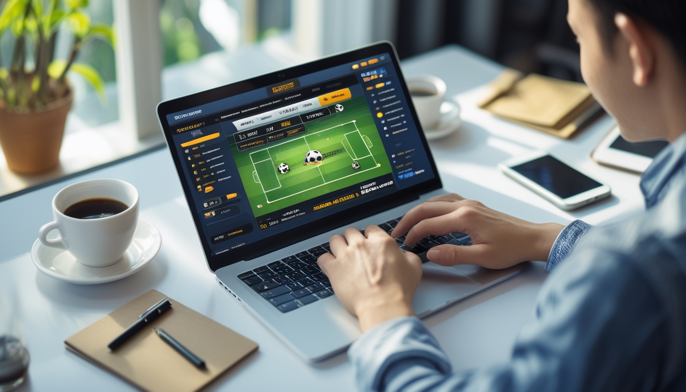 Seseorang menggunakan laptop di meja kerja dengan tampilan permainan sepak bola online di layar.