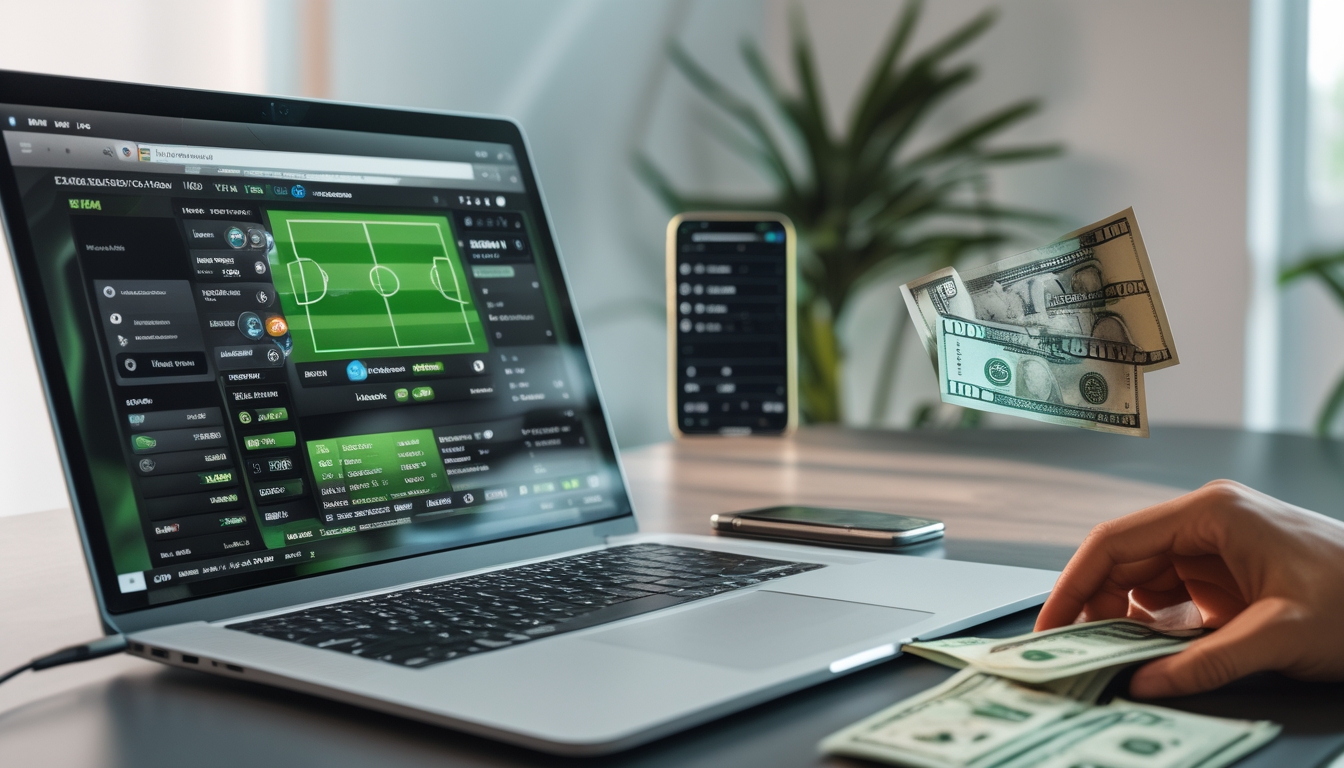 Sebuah meja kerja dengan laptop menampilkan permainan bola online, smartphone dengan aplikasi sepak bola, dan uang kertas 10 ribu rupiah di sampingnya.