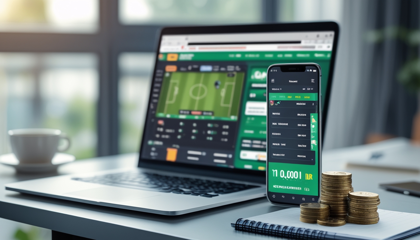 Seorang pria menggunakan laptop dan ponsel untuk memasang taruhan bola online dengan uang di atas meja.