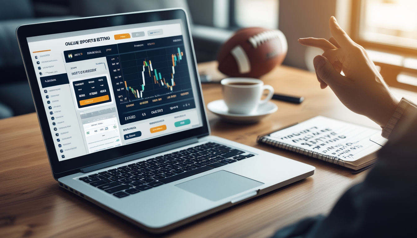 Meja kerja dengan laptop, ponsel, dan cangkir kopi yang menunjukkan aktivitas taruhan bola online dan pembayaran cepat.