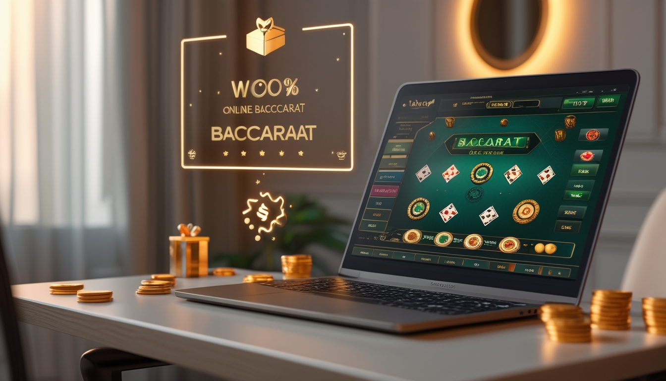 Seseorang menggunakan komputer dengan tampilan permainan baccarat online di layar dalam suasana ruangan yang nyaman dan profesional.