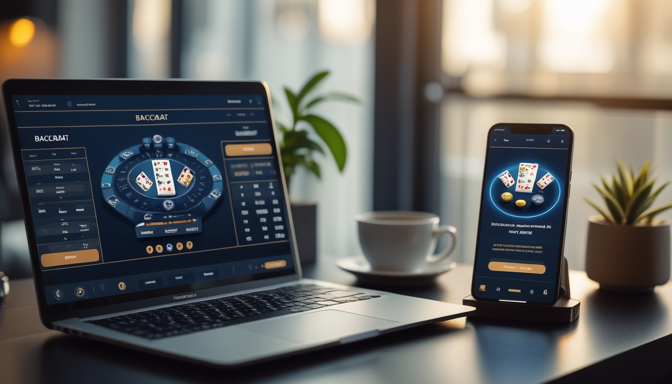 Seorang pengguna sedang bermain baccarat online di laptop dan smartphone di meja kerja yang rapi dengan latar belakang ruangan yang nyaman.