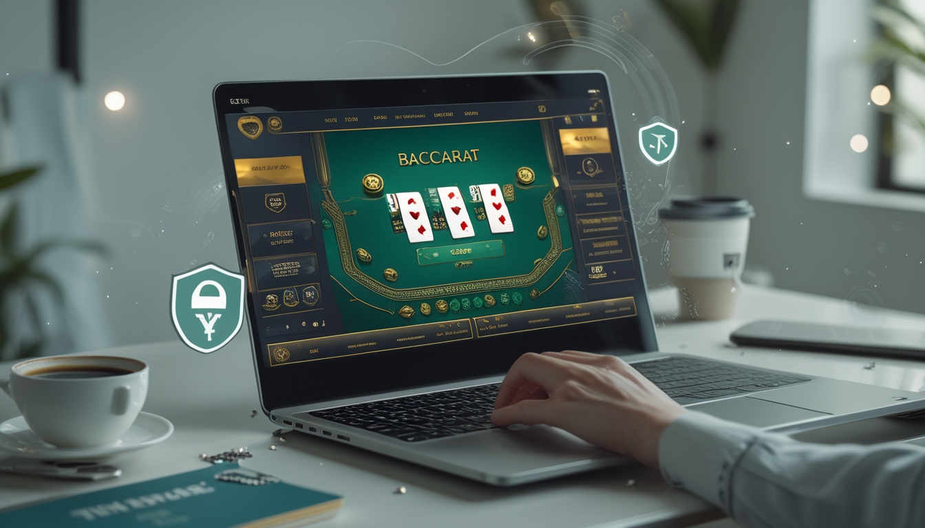 Seorang pemain sedang menggunakan laptop untuk bermain baccarat online di meja kerja yang rapi dan terang.