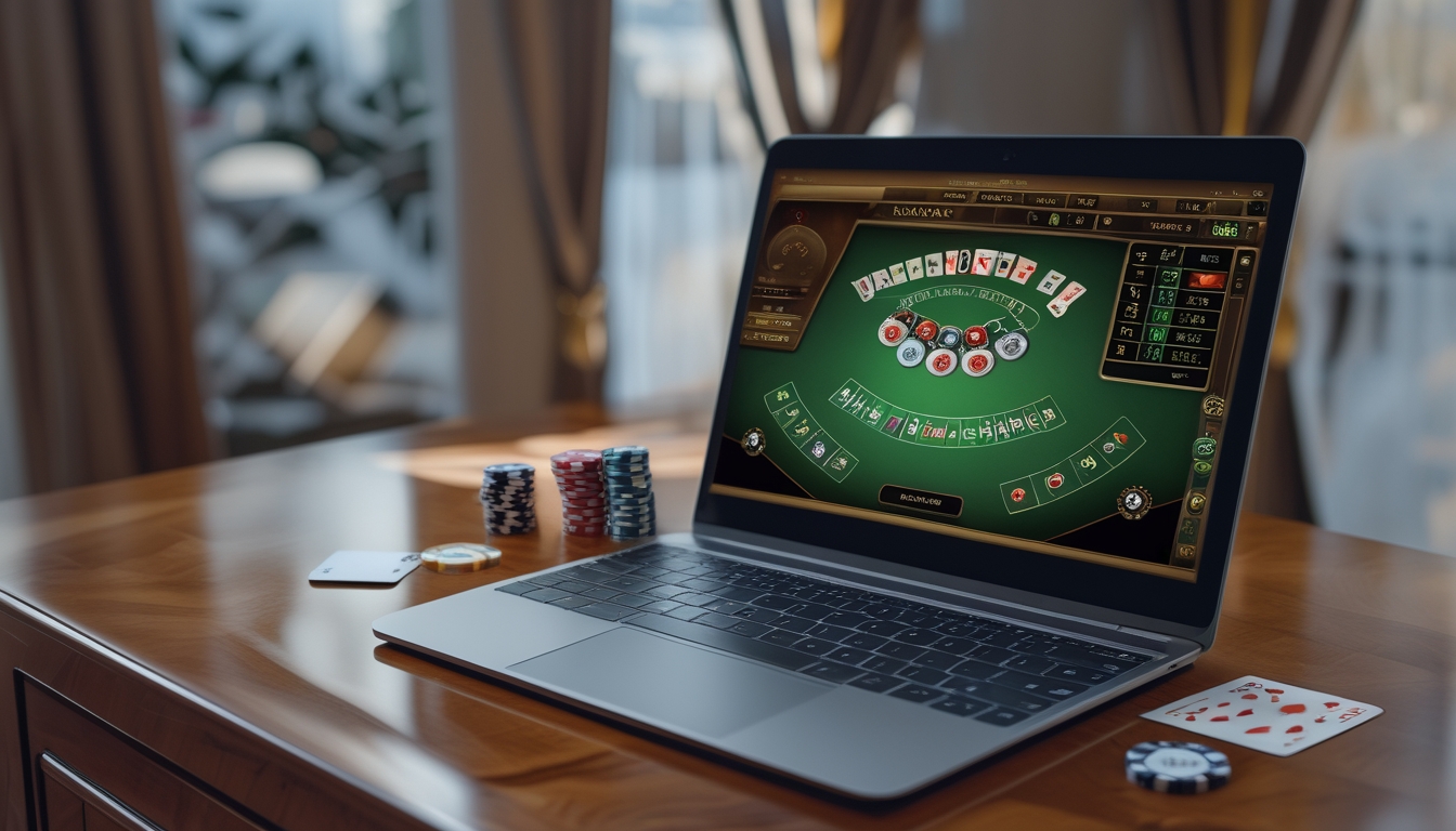 Seorang laptop dengan tampilan permainan baccarat online di atas meja kayu, dikelilingi chip kasino dan kartu remi.