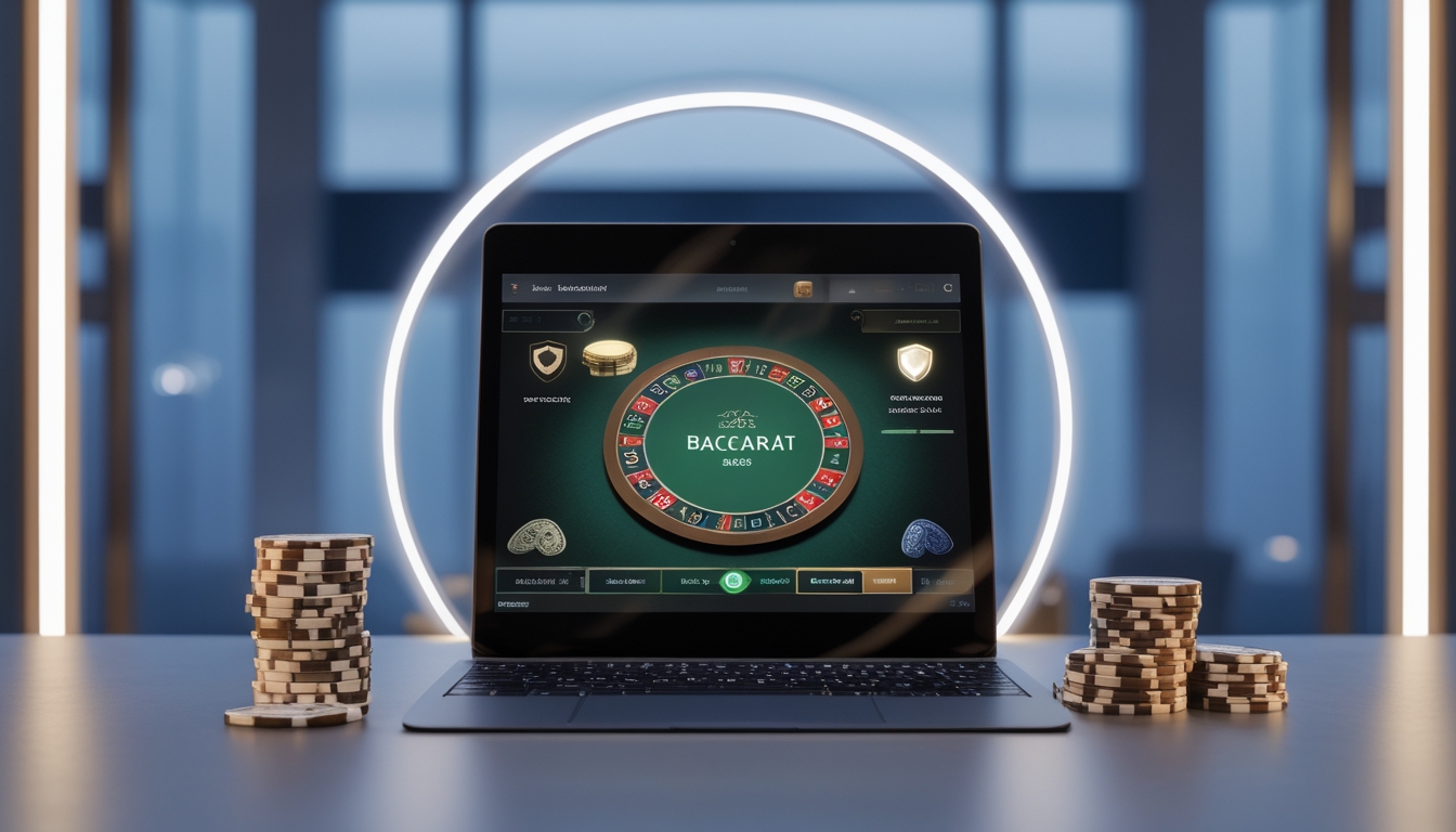 Seorang pria menggunakan laptop dengan tampilan permainan baccarat online di layar, dikelilingi chip dan simbol keamanan di meja modern.