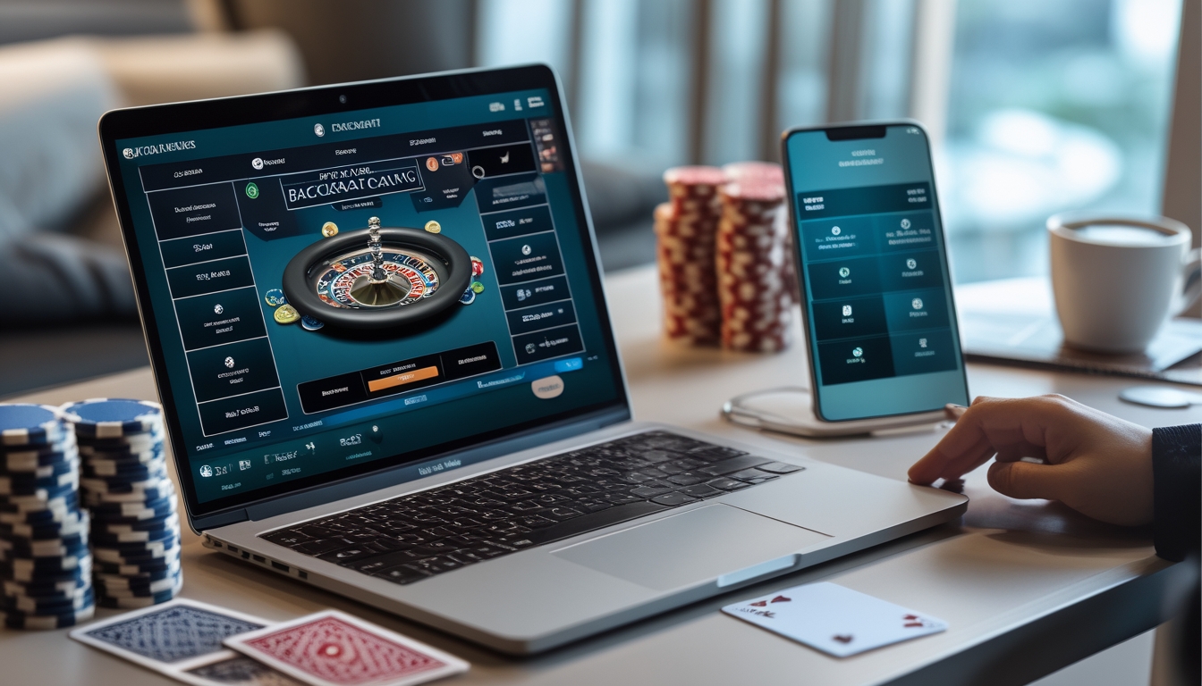 Meja kerja modern dengan laptop menampilkan permainan baccarat, tumpukan chip poker, kartu remi, dan ponsel yang menunjukkan aplikasi perbankan aman.