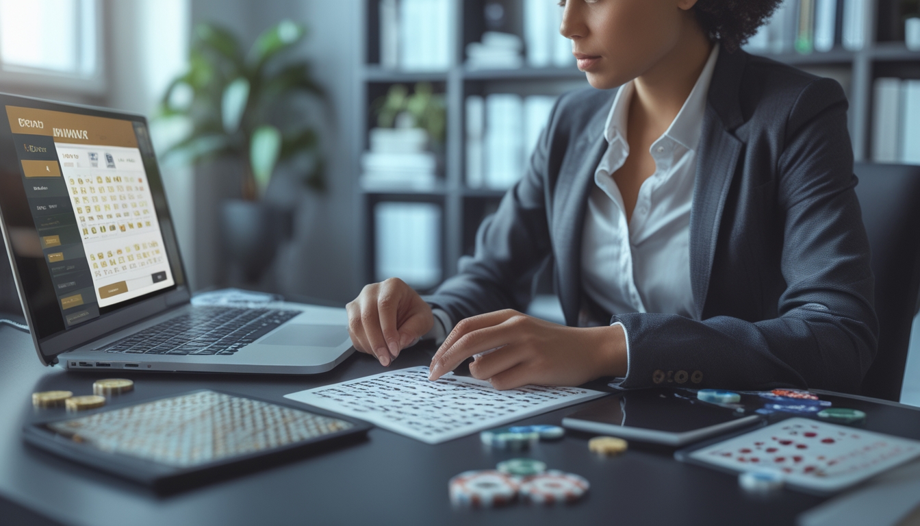 Seseorang duduk di meja modern dengan laptop yang menampilkan permainan baccarat online, dikelilingi oleh kartu remi dan chip kasino di ruang kerja yang rapi.