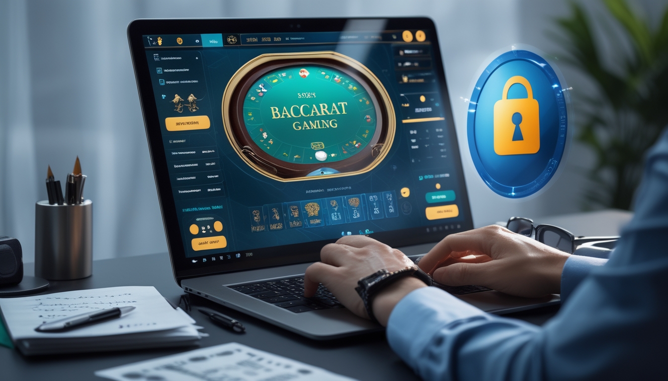 Seorang pemain fokus menggunakan komputer untuk bermain baccarat online dengan catatan strategi di meja.
