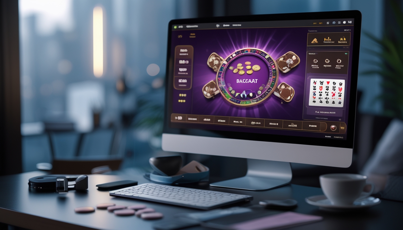 Sebuah meja dengan komputer menampilkan permainan baccarat online dengan kartu dan chip, di latar belakang suasana ruangan yang nyaman dan modern.