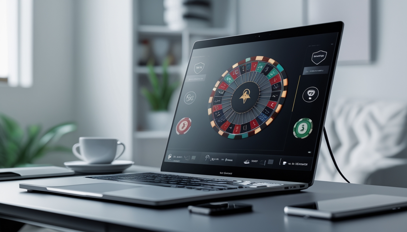 Seseorang menggunakan komputer dengan tampilan permainan baccarat online di layar dalam ruangan yang terang dan rapi.