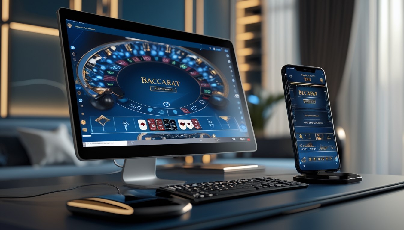 Sebuah meja dengan komputer dan ponsel menampilkan permainan baccarat online, di dalam ruangan yang modern dan rapi.