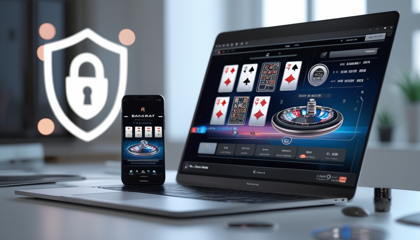 Seorang pengguna mengakses permainan baccarat online aman melalui laptop dan ponsel di meja kerja yang terang.
