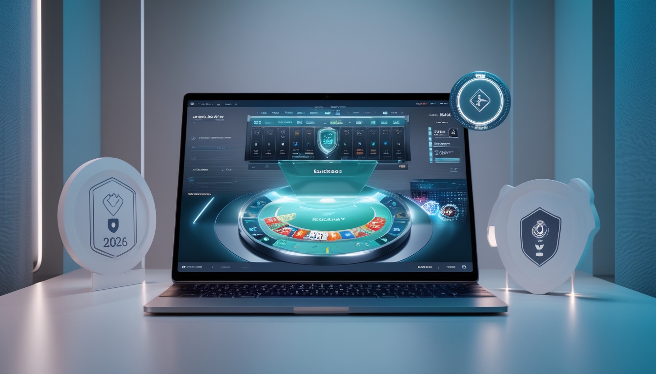 Sebuah komputer modern menampilkan permainan baccarat online dengan latar belakang minimalis dan elemen yang menunjukkan keamanan dan kepercayaan.