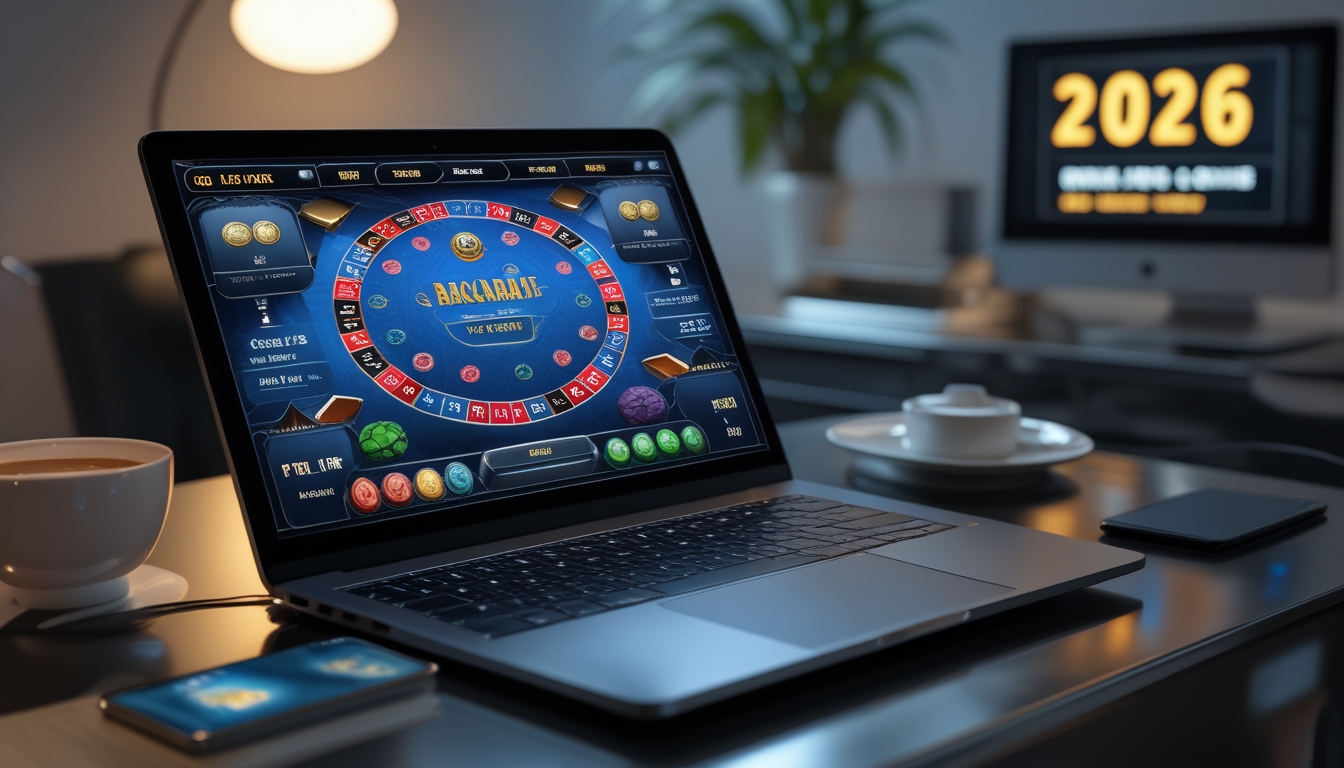 Sebuah laptop di meja modern menampilkan permainan baccarat online dengan kartu dan chip, di ruangan yang terang dengan jam digital dan ponsel di latar belakang.