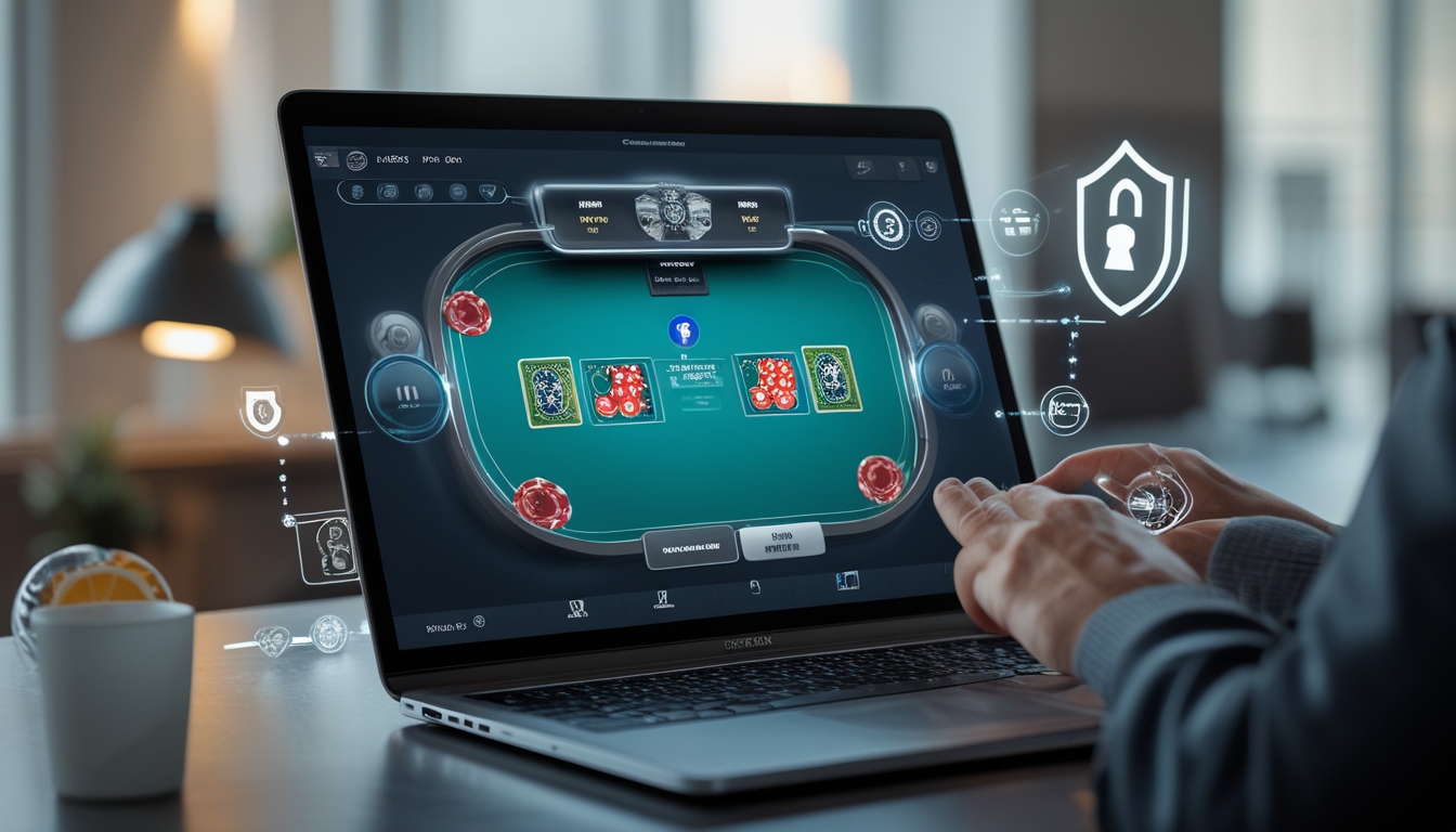 Seorang pengguna bermain baccarat online di komputer dengan latar belakang kantor yang rapi dan simbol keamanan digital.