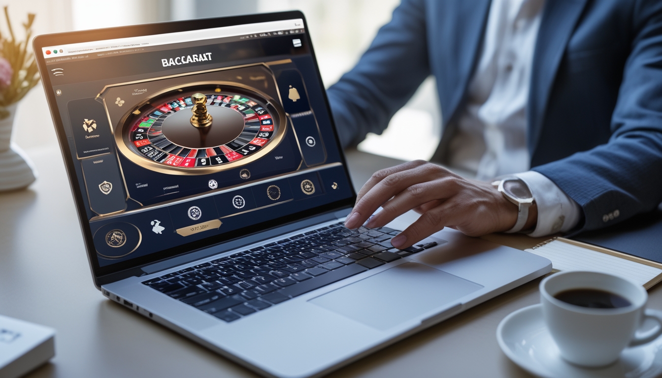 Seseorang bermain baccarat online di depan komputer dengan suasana yang rapi dan terang.