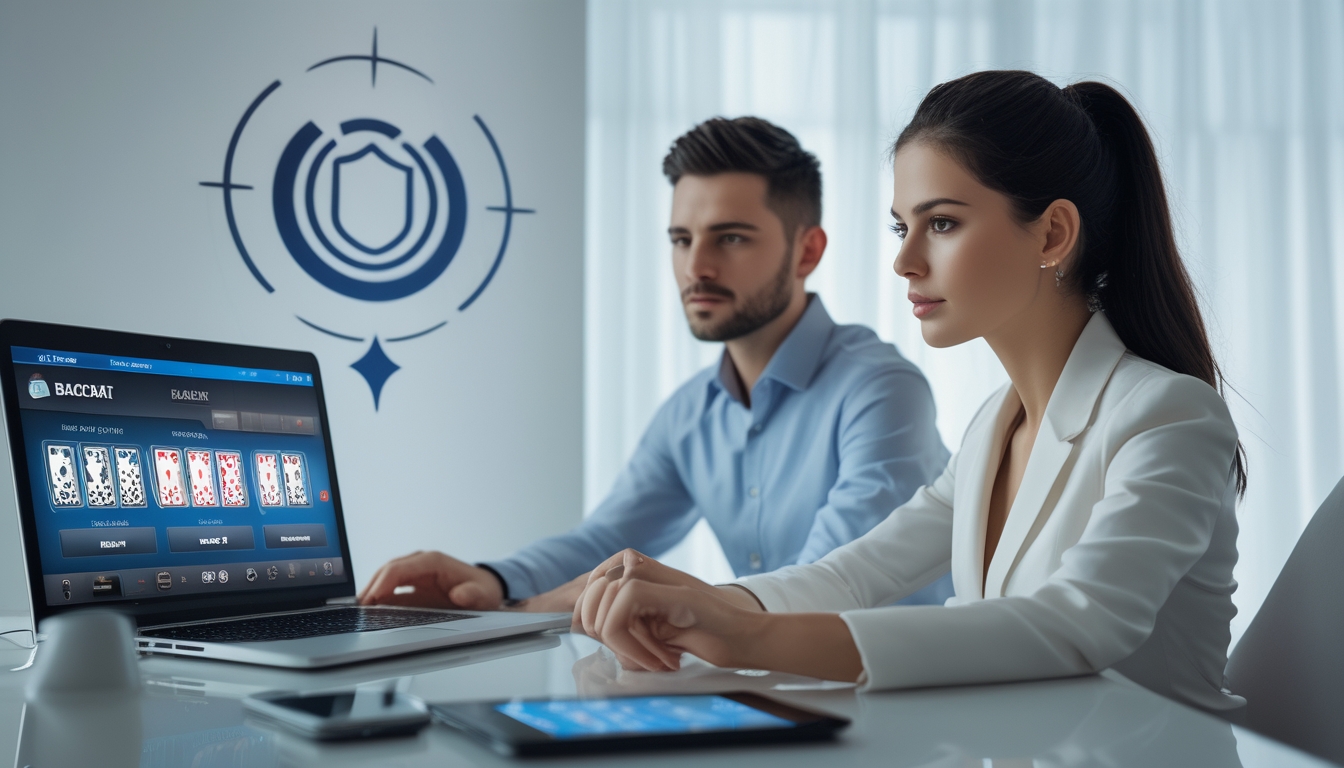 Dua orang dewasa duduk di meja dengan laptop dan ponsel yang menampilkan permainan baccarat online, suasana terlihat aman dan profesional.