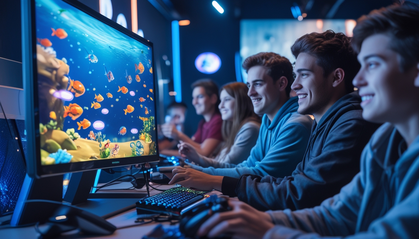 Sekelompok orang muda sedang bermain game tembak ikan di depan layar komputer dengan latar belakang bertema bawah laut.