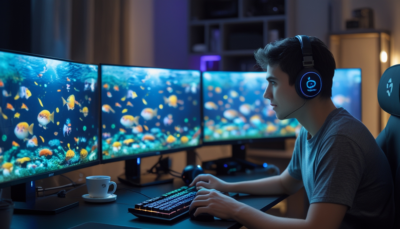 Seorang pria muda sedang bermain game tembak ikan di depan beberapa monitor dengan latar belakang ruangan yang nyaman.