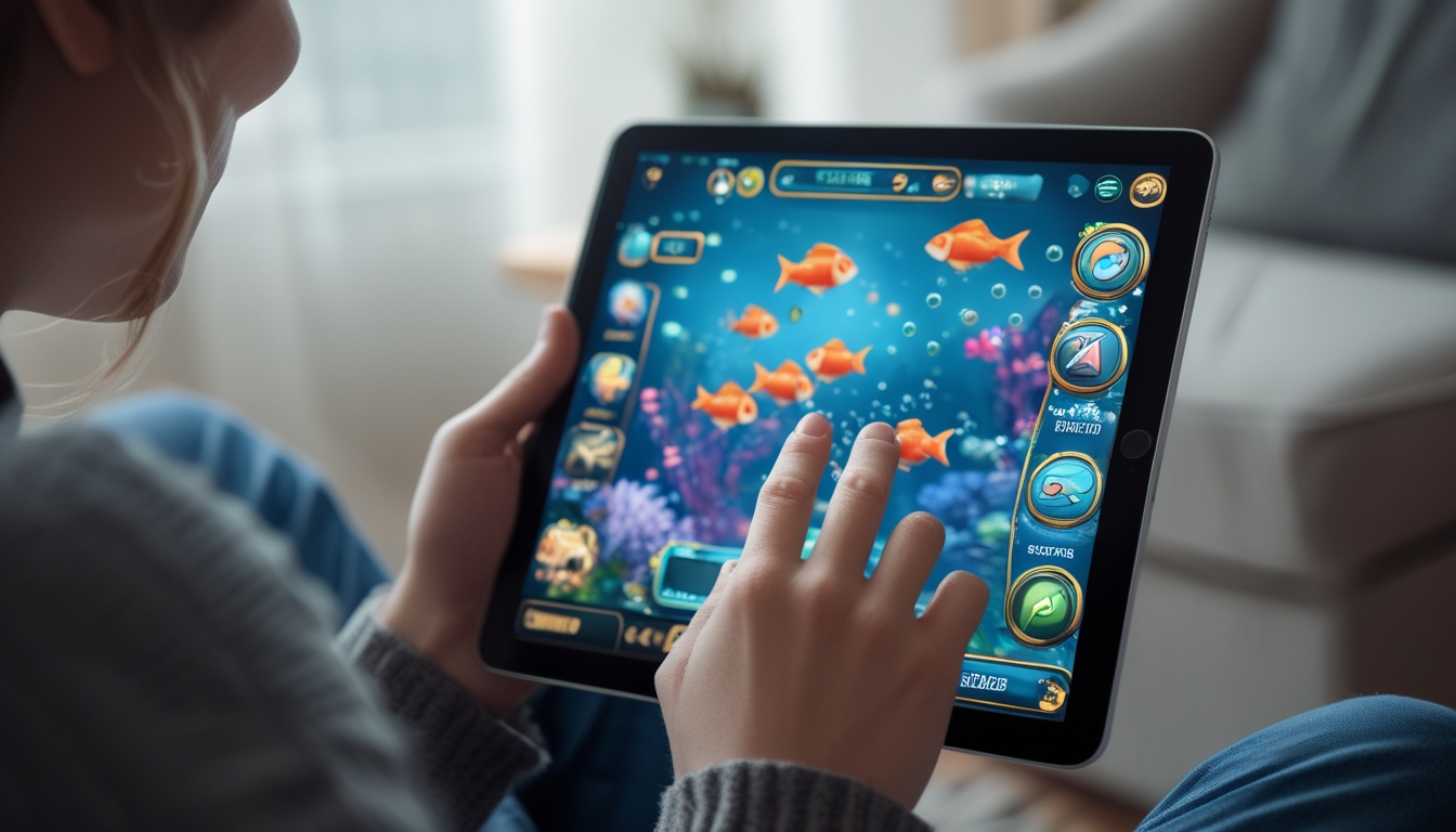 Seorang pemain sedang fokus memainkan permainan tembak ikan di tablet di dalam ruangan yang nyaman.