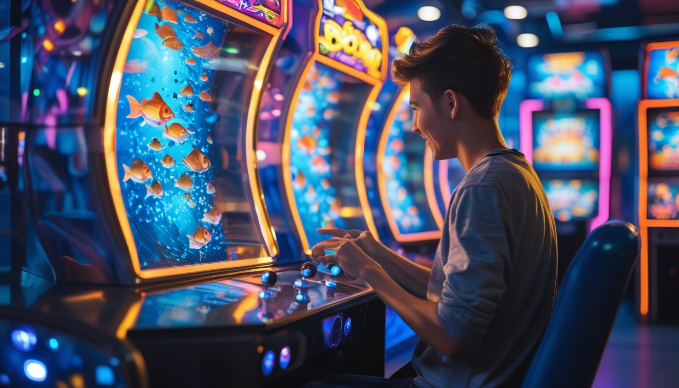Seseorang sedang bermain permainan tembak ikan di mesin arcade dengan layar penuh warna dan ikan animasi di layar.