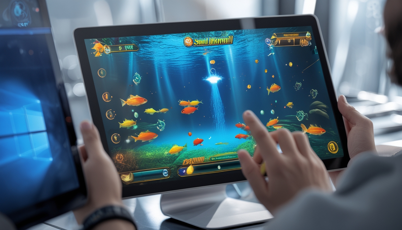 Tampilan layar permainan tembak ikan online dengan grafik ikan berwarna-warni dan tangan pemain yang sedang berinteraksi dengan perangkat.