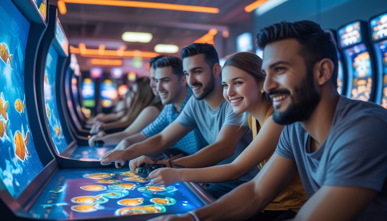Sekelompok orang muda bermain mesin arcade tembak ikan dengan ekspresi fokus dan antusias di sebuah ruang permainan yang terang dan penuh warna.