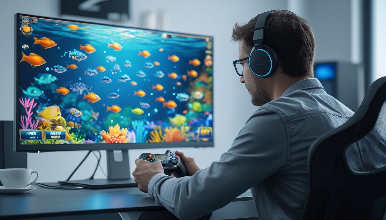 Seorang pemain dewasa fokus bermain game tembak ikan dengan layar besar penuh gambar ikan berwarna-warni di sebuah ruangan yang terang.