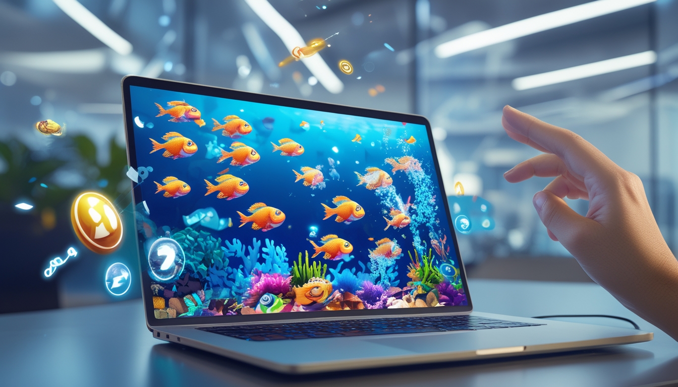 Sebuah layar perangkat menampilkan permainan menembak ikan dengan grafik bawah laut yang berwarna-warni dan berbagai ikan berenang, menunjukkan suasana permainan online yang seru.