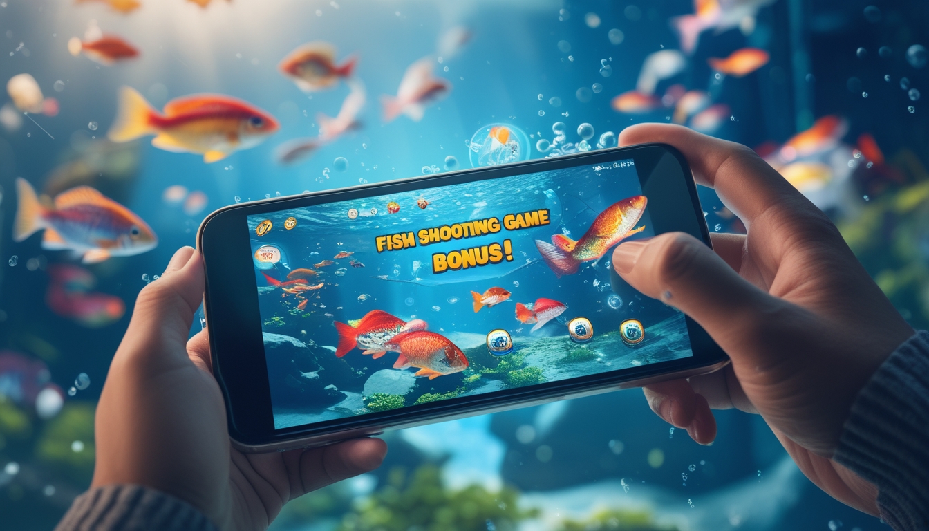 Seseorang memegang smartphone yang menampilkan permainan tembak ikan dengan latar bawah laut penuh ikan berwarna-warni.