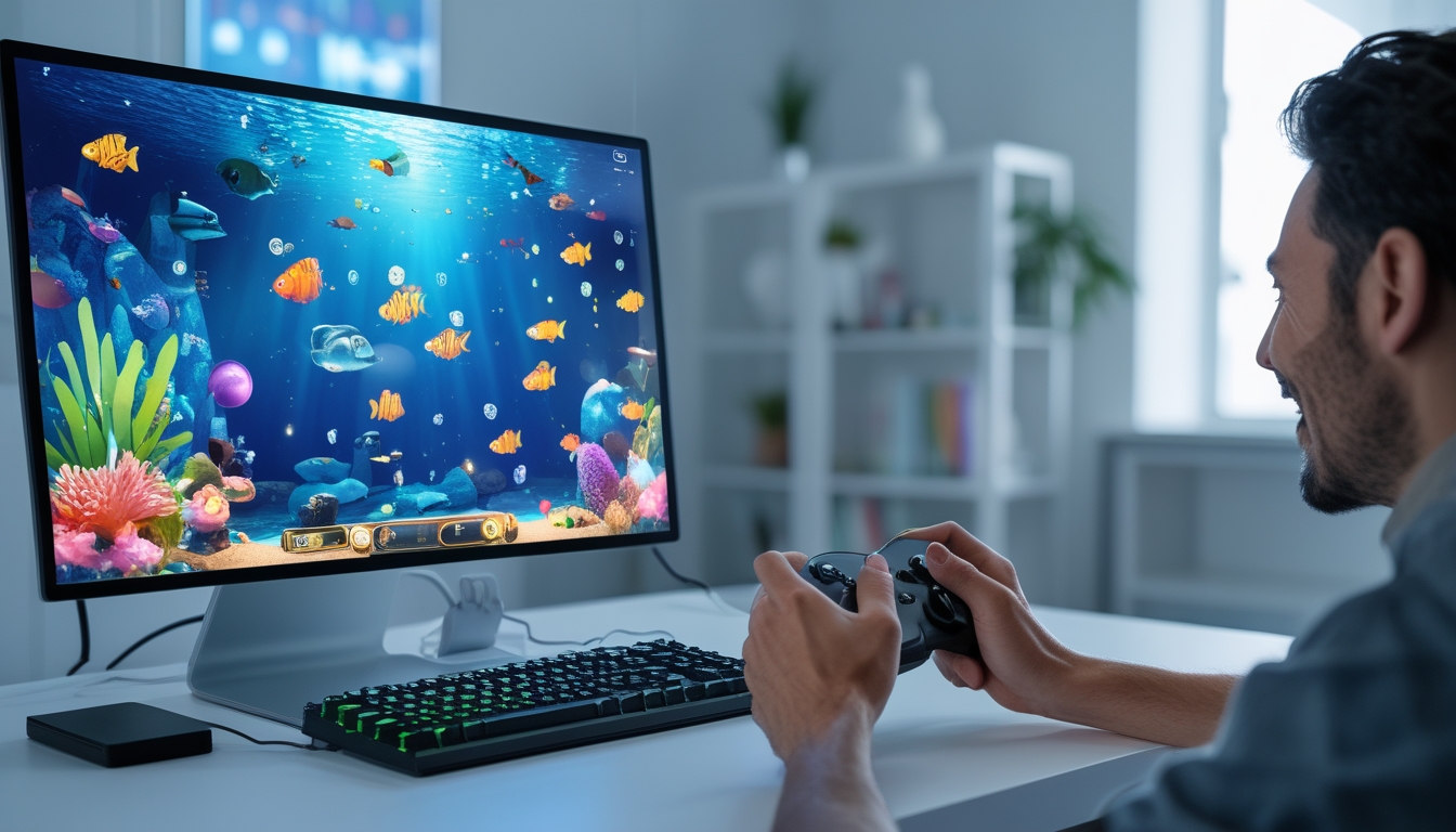 Seorang pemain dewasa sedang bermain game tembak ikan online di layar komputer dengan latar ruangan modern dan pencahayaan terang.