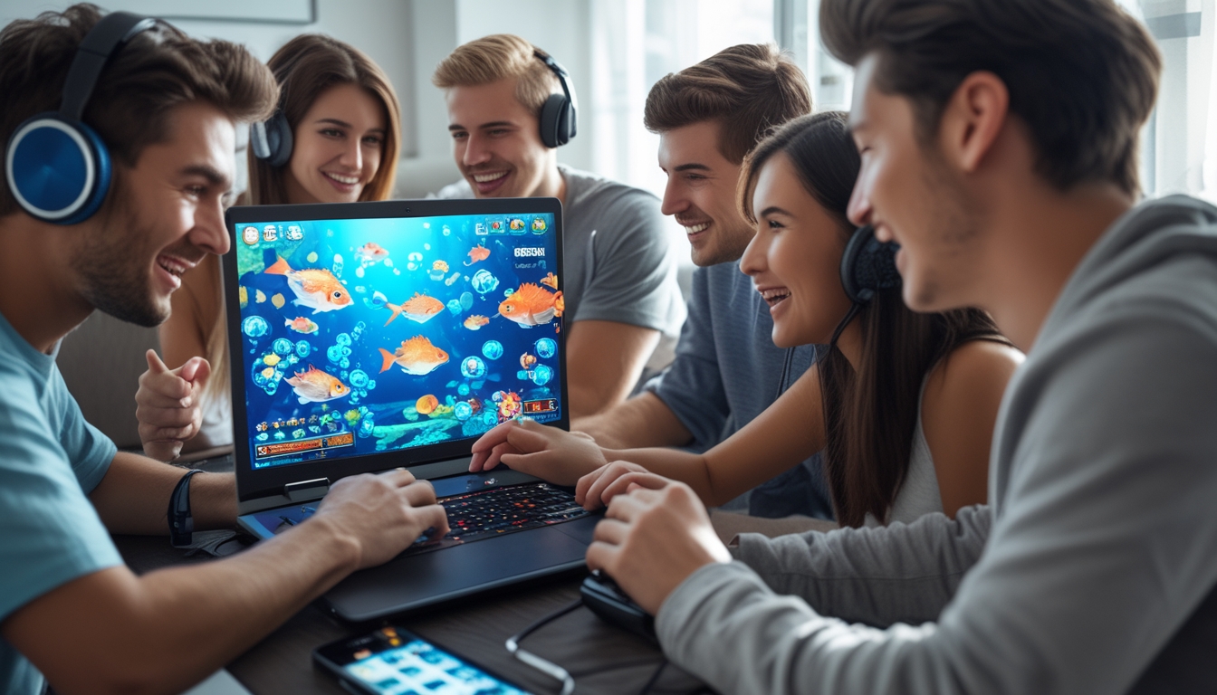 Sekelompok orang muda bermain game tembak ikan secara online di depan komputer dengan ekspresi antusias dan fokus.