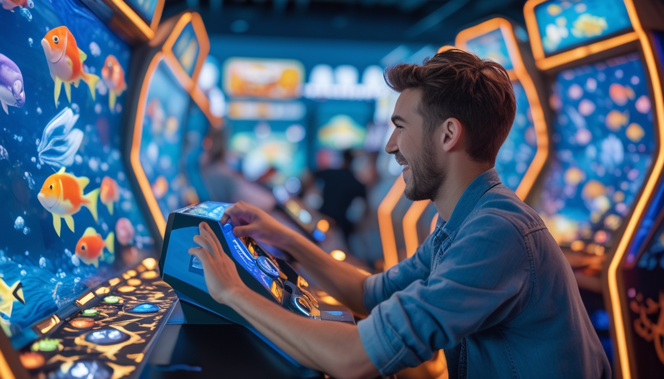 Seseorang sedang bermain game tembak ikan di arcade dengan layar berwarna-warni dan suasana ramai.