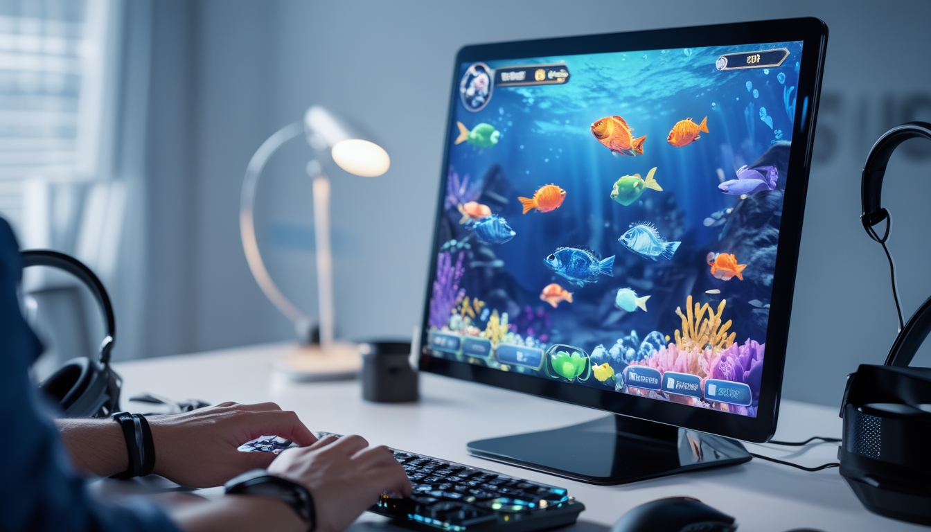Seseorang menggunakan perangkat digital dengan layar menampilkan permainan menembak ikan yang penuh warna di lingkungan kerja yang rapi dan terang.