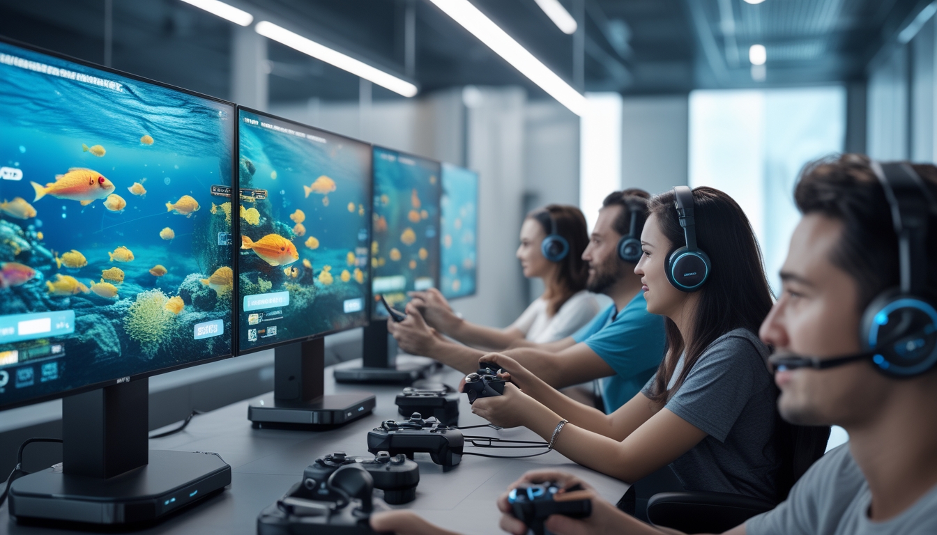 Beberapa orang dewasa sedang bermain game tembak ikan secara online dengan layar komputer menampilkan ikan berwarna-warni di bawah laut.