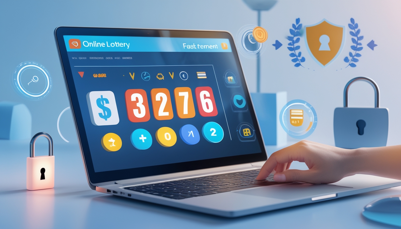 Sebuah laptop atau ponsel menampilkan antarmuka situs togel online dengan simbol keamanan dan latar belakang biru putih yang bersih.