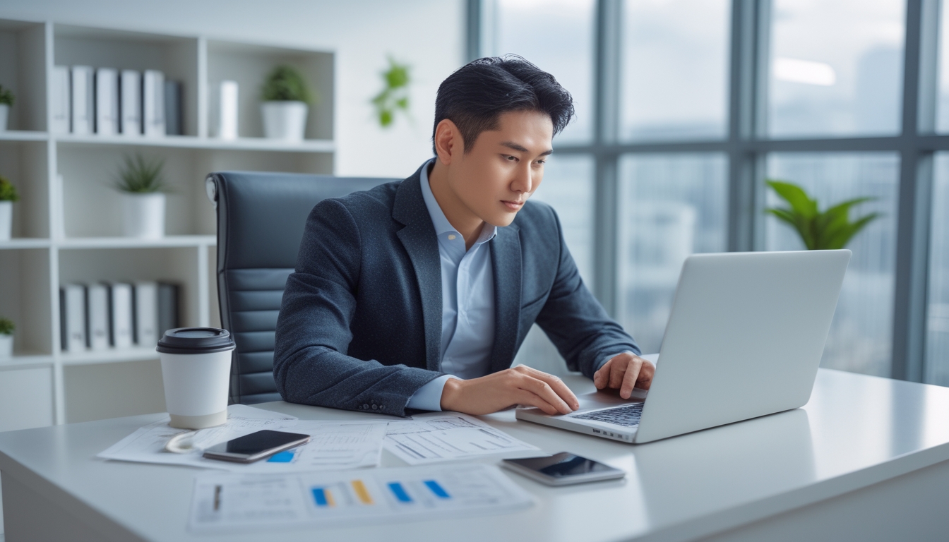 Seorang pria Asia duduk di meja kantor modern menggunakan laptop dengan dokumen dan smartphone di sekitarnya.